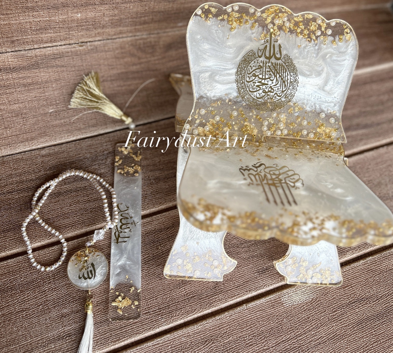 White and gold rihal with pearl tasbee